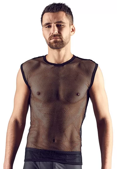 For brave men ! All eyes will be on you when you wear this black coarse fish net Tank Top. Your body and muscles will be shown off in a wonderfully tempting way. With a round neck. With stitched seams. 100% polyamide. 1 piece