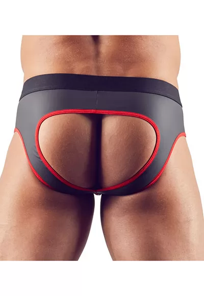 What a sexy sight and a comfortable fit! Exciting jock made out of shiny matte material in an arousing neoprene or rubber look, contrasting red trim. The zip at the front invites someone to get very hands-on. Composition 90% polyester, 10% spandex, polyurethane coating. 1 piece