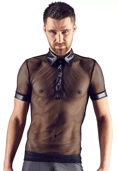 What a sexy sight ! Masculine polo shirt with press studs that stop at the chest. The polo shirt is made out of a seductive mixture of net and wet look and is sure to grab everyone's attention. 100% polyester. 1 piece.