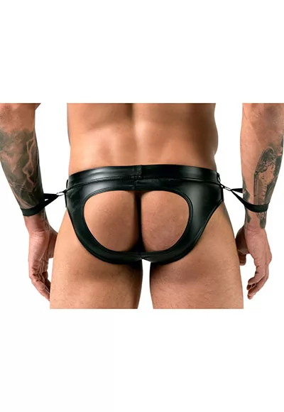 Exclusive, captivating design ! Exciting open back jock briefs from Svenjoyment Bondage made out of trendy matte look material that emphasises all the right parts, front zip. There is a ring at either side for the included handcuffs. The handcuffs can be adjusted because they have hook and loop fasteners. 90% polyester, 10% spandex. 1 piece