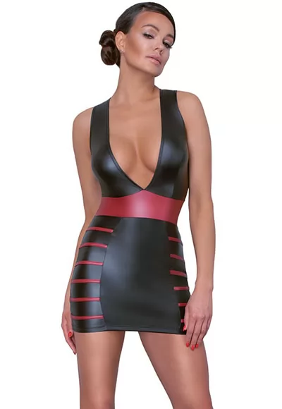 Black Mini Tight Dress with Deep Neck and red inserts that emphasise hot curves !  Short, tight-fitting dress from Cottelli PARTY made out of black matte look material. There is a red stripe around the waist and red stripes at either side of the skirt part which emphasises sexy curves. The sexy sleeveless dress has a very low-cut neckline. Soft and...
