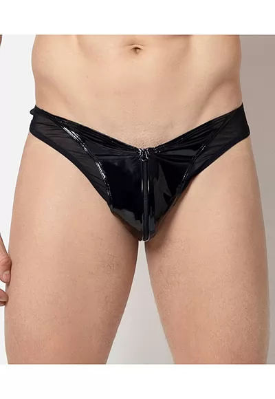 Niklas vinyle mesh zip thong in black color.  Manufactured in French workshops, signed by renowned fashion designer Patrice Catanzaro, available in size S to 2XL. Composition : 80% Polyester, 12% Polyurethane, 8% Elastane.  Brand Patrice Catanzaro, Collection Homme 6, Reference PCB01927H6 1 piece.  Patrice Catanzaro, the brand of sexy outfits of very...