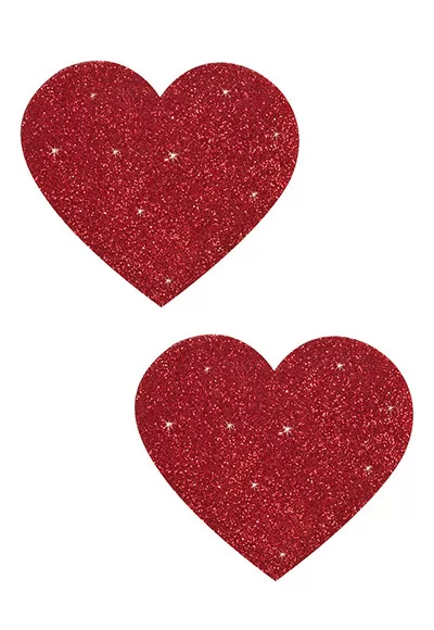 Glitter nipple stickers to add a professional look to private performances. Sparkling red heart shaped nipple stickers. Size: 5.9 x 5.9 cm. Material: 80% paper, 15% PET, 5% glue. 1 pair.  