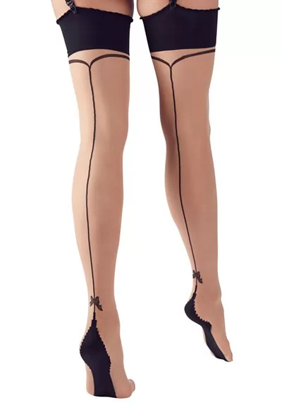 Seduction meets eroticism! Nude Stockings with an elegant design and aesthetic black seam. There is a small integrated bow above the heel. The toe part is reinforced for more durability. Nude stockings 20 denier, Oeko-Tex certified. 88% polyamide, 12% spandex. 1 pair.