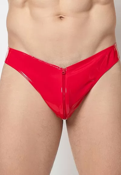 Olan vinyl zip thong in red color.  Manufactured in French workshops, signed by renowned fashion designer Patrice Catanzaro, available in size S to 2XL. Composition: 80% Polyester, 12% Polyurethane, 8% Elastane.  Brand Patrice Catanzaro, Collection Homme 6, Reference PCB01806H6 1 piece.  Patrice Catanzaro, the brand of sexy outfits of very good quality,...