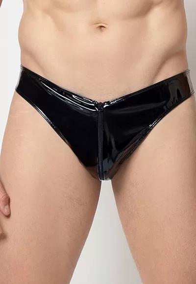 Olan vinyl zip thong in black color.  Manufactured in French workshops, signed by renowned fashion designer Patrice Catanzaro, available in size S to 2XL. Composition : 80% Polyester, 12% Polyurethane, 8% Elastane.  Brand Patrice Catanzaro, Collection Homme 6.2, Reference PCB01805H6 1 piece.  Patrice Catanzaro, the brand of sexy outfits of very good...