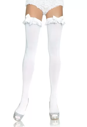 Opaque white Thigh Highs With Satin Ruffle Trim And Bow. Sewn-in opaque band, Opaque, Thigh highs, Unreinforced toe, Satin bow. Leg Avenue 6010 Opaque thigh. Color : white. Fabric: 100% Polyamide - Nylon . 1 pair