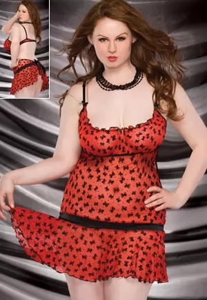 Bow mesh gathered empire waist chemise with bow detailing. Features a keyhole back opening and hidden velcro closure at back waist. 1 piece. Red Black