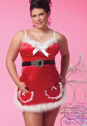 1 PC. plus size satin apron dress with padded cups. Features faux fur trim, attached belt and front pockets. Color : Red,White,Black. Plus size