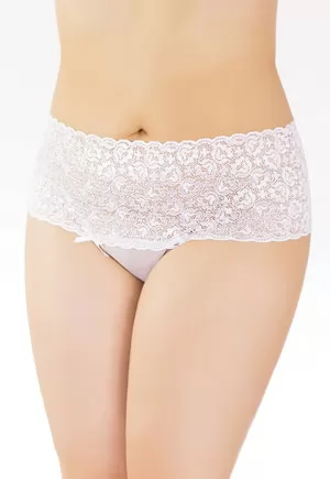 Plus size white mesh high waisted thong with scalloped stretch lace waistband and two small bows. 1 piece