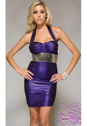 Classic purple Marilyn Monroe-style with a futuristic finish, this sexy, form fitting, halter neck dress. Shirred panels over the chest offer a flattering, shape enhancing look. Padded Cups : No Bra Needed!  Metallic Bustier Halter Dress With Shirred Detail. 92% Polyester, 8% Spandex. Made in USA