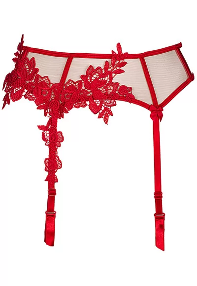 Red embroidered Garter Belt beige mesh