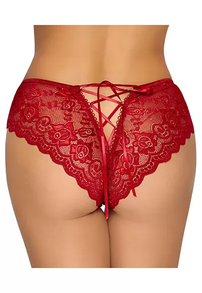 Delicate lace in sinful design ! Lavishly crafted open panties by Cottelli LINGERIE made from red floral lace. Soft and elastic for high wearing comfort. With cut-out front and inviting crotch. With variable satin ribbon lacing above the buttocks. 90% polyamide, 10% spandex.