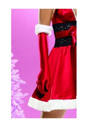 Santa's Satin Faux Fur Gloves. Christmas Gloves, satin elbow length gloves with plush fur trim. Color : red, white. One size. Leg Avenue A1018. 1 pair