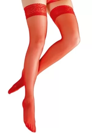 Extremely eye catching!  Hold up stockings with a 7 cm wide lace top part. A red hot must have for amazing appearances. 17 denier. Oekotex certified.  90% polyamide, 10% elastane. Lace subject to change.
