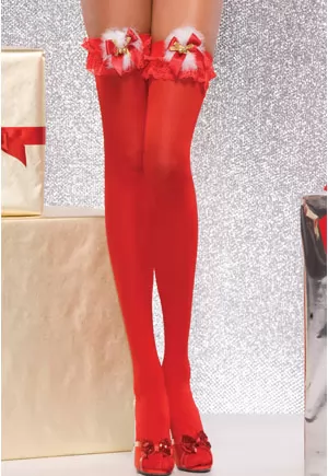Sheer thigh high red stockings with faux fur and jingle bells on bow. 1 pair