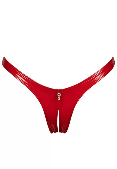 Crotchless red vinyl thong Annabelle Catanzaro. Thong split at the crotch.  Matching red vinyl bra sold separately in the A Mes Amours boutique.  Patrice Catanzaro Brand, Collection Tome 17.2 reference PCB01536T17.2 1 piece.  Patrice Catanzaro, the brand of high quality sexy outfits, made in materials chosen for their superior quality. Composition 80%...
