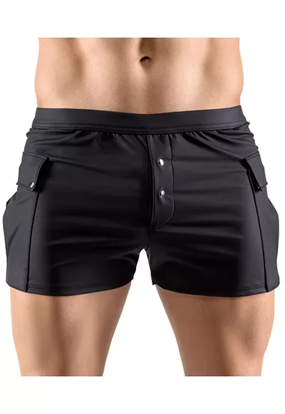 Casual worker style with pockets! The loose, black shorts from Svenjoyment are made out of slightly stretchy material with a matte look finish. They are in a worker style with a row of press studs at the front. There are also 2 large pockets at the sides and 2 pockets over the buttocks. All the pockets have press studs. 90% polyester, 10% spandex, polyurethane...