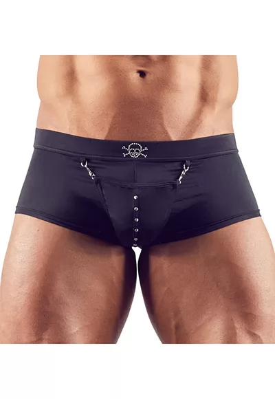 Find the treasure! Figure-emphasising pirate pants with a pouch that has snap hooks. With a swell function for an impressive front bulge and an authentic skull on the waistband that is made out of studs. Perfect for wild adventures and hot role play. 80% polyamide, 20% spandex. 1 piece