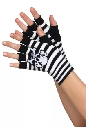 Very fashionable skull mittens ideal for adding a glamrock touch to your outfits or playing gothic lolitas.  These striped mitten gloves accessorize your outfits while keeping you warm. These mittens are available in white black color stripes. Leg Avenue 2055. 1 pair
