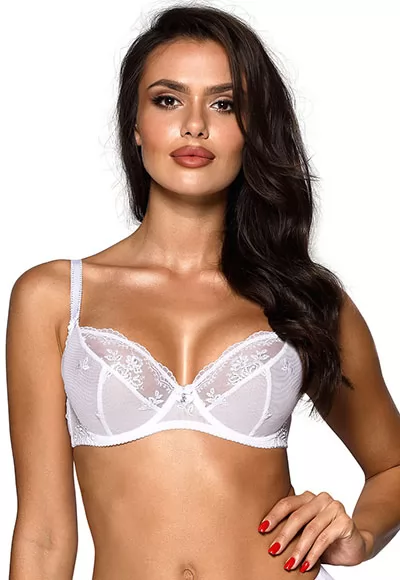 A soft balconette bra in snow white color, will emphasize and lift your breasts in a classic style without covering their natural beauty. The bra is suitable for everyday outings as well as unusual occasions for bright outfits. The white bra has decorated silver-colored threads on the straps, which are non-detachable but adjustable with a double hook...