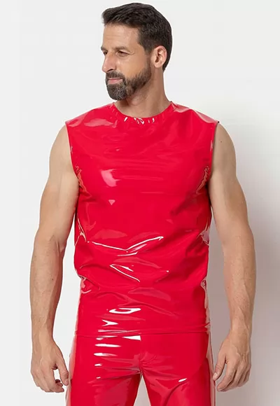 Soren  vinyl tank top in red color.  Manufactured in French workshops, signed by renowned fashion designer Patrice Catanzaro, available in size S to 2XL. Composition: 80% Polyester, 12% Polyurethane, 8% Elastane.  Brand Patrice Catanzaro, Collection Homme 6, Reference PC303616H6 1 piece.  Patrice Catanzaro, the brand of sexy outfits of very good quality,...