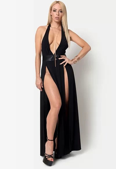 The Isabella slit long dress in lycra is an elegant and very sexy piece, with its neckline sublimating your chest and two slits revealing the upper thighs and your beautiful legs.  The Isabella dress in black is marked at the waist by a wetlook belt and is designed in a high quality black lycra fabric which ensures an perfect fall.  This sexy dress...