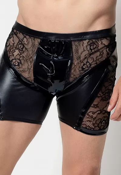 Storm vinyle lace Shorts in black color.  Manufactured in French workshops, signed by renowned fashion designer Patrice Catanzaro, available in size S to 2XL. Composition: 80% Polyester, 12% Polyurethane, 8% Elastane.  Brand Patrice Catanzaro, Collection Homme 6, Reference Pc903602h6 1 piece.  Patrice Catanzaro, the brand of sexy outfits of very good...