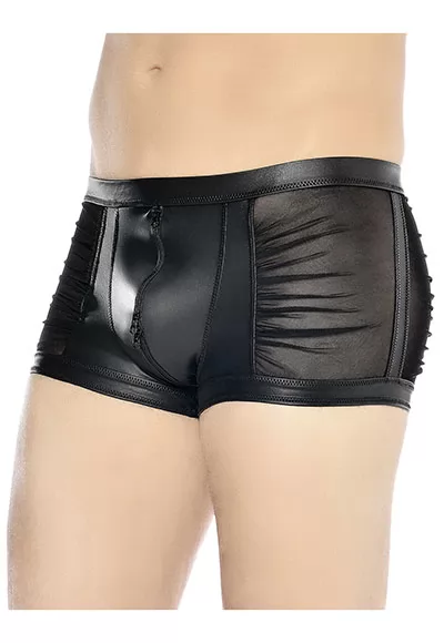 Theon wetlook  mesh shorts zip in black color.  Manufactured in French workshops, signed by renowned fashion designer Patrice Catanzaro, available in size S to 2XL. Composition : 92% Polyester, 8% Elastane.  Brand Patrice Catanzaro, Collection Homme 5, Reference PC902001H5.2 1 piece.  Patrice Catanzaro, the brand of sexy outfits of very good quality,...