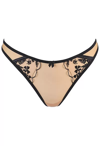 The beige tulle thong decorated with subtle black floral patterns will be perfect with the matching bra and why not in the evening with the matching suspender belt, sold separately.  The design of the sheer thong is designed to accentuate the curves of your hips and highlight their assets. This thong is made from soft tulle that is comfortable to wear...