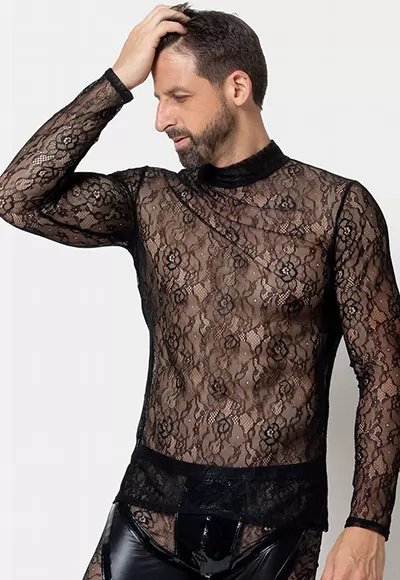 Valla lace tee shirt in black color.  Manufactured in French workshops, signed by renowned fashion designer Patrice Catanzaro, available in size S to 4XL. Composition: 90% Polyamide, 10% Elastane.  Brand Patrice Catanzaro, Collection Homme 6, Reference Pc302403h6 1 piece.  Patrice Catanzaro, the brand of sexy outfits of very good quality, made of materials...