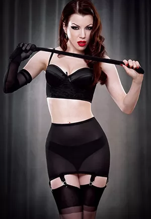 Vargas Roll On Girdle in Black. A sleek and chic roll on girdle, no fastenings, made from control mesh to hold your body. Six metal garters hold up your stockings, and two tiny bows finish the front. Vargas Girdle By Kiss Me Deadly. Vintage Femme Fatale Style, Classic Pin-up. 1 piece.