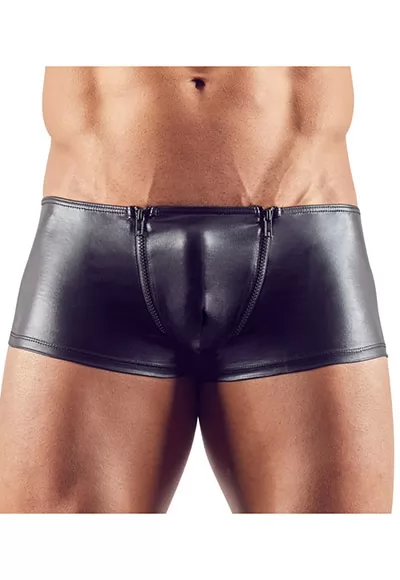 Perfect for wild parties ! Very shiny boxer with fancy zips down either side of the pouch, wetlook effect. The bum contouring seam creates a hot backside. 92% polyester, 8% spandex. 1 piece.