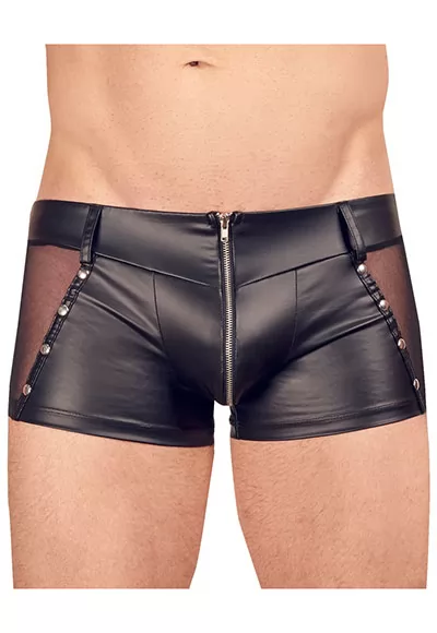 Stylish boxer with a practical and erotic zip ! Figure-flattering boxer from Svenjoyment made out of trendy matte look material, like wetlook, with transparent net inserts and decorative studs at either side. With belt loops and a padded zip at the front. 90% polyester, 10% spandex. 1 piece