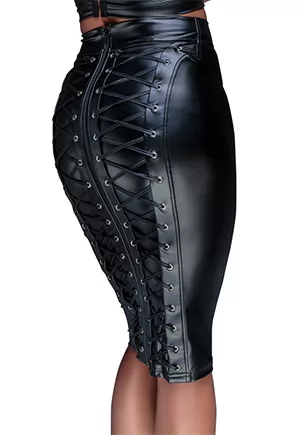 Wetlook pencil lace up skirt Noir Handmade. Skirt fitted at the waist with elaborate lacing at the back, in hot power wet look. This skirt can be worn with absolutely anything! This knee-length wetlook skirt is fitted at the waist and stands out because of the exciting decoration at the back. There is a 2-way zip at the back and elaborate lacing at...