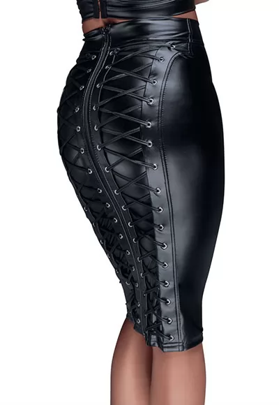 Wetlook pencil lace up skirt Noir Handmade. Skirt fitted at the waist with elaborate lacing at the back, in hot power wet look. This skirt can be worn with absolutely anything! This knee-length wetlook skirt is fitted at the waist and stands out because of the exciting decoration at the back. There is a 2-way zip at the back and elaborate lacing at...