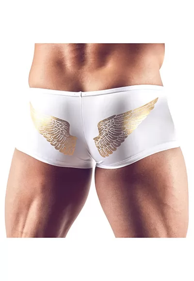 Are than just an eye-catcher ! White microfibre pants with golden angel's wings at the back. The zip over the pouch adds the finishing touch to this trendy look. 92% polyester, 8% spandex. 1 piece