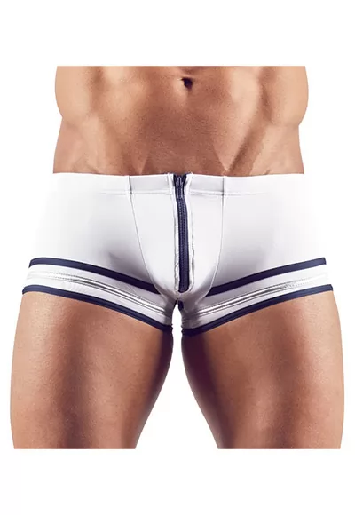 Ahoy ! Soft white microfibre pants in a trendy sailor look. With an extra wide zip and 3 decorative stripes around the legs, blue and silver. sexy pants for men 86% polyester, 14% spandex. 1 piece