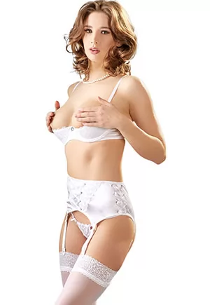 For a wedding or bride and bridegroom fun!  The shelf bra and suspender belt are made out of stretchy satin with lace inserts. The string is made entirely out of lace. The underwired shelf bra has a rhinestone heart between the slightly padded cups and a hook fastener at the back. The suspender belt has decorative lacing and a hook fastener at the back....