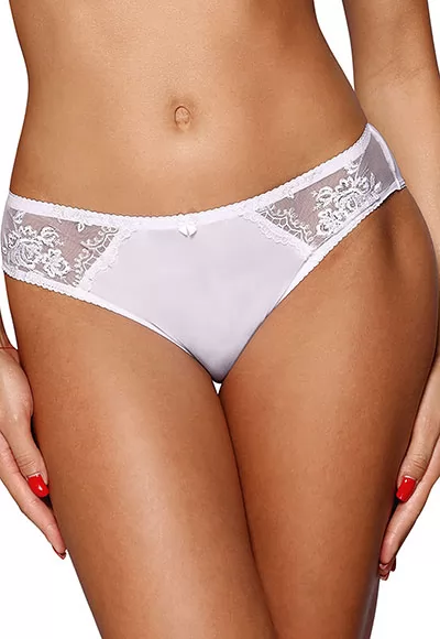 The white tulle and floral panties are a comfortable and elegant everyday lingerie in your wardrobe. Made of a delicate material, tulle, these panties have a comfortable and wide gusset for a pleasant wearing. On the back part of the panties, there is a teardrop-shaped cut decorated with a small bow, very glamorous.