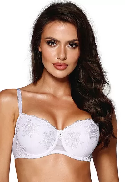 The classic, white push-up bra is is a favorite with women. Absolutely universal bra in every woman's wardrobe. Bra made of beautiful floral lace with inserts and pads that can be removed from the bra pocket at any time. There are wires under the cups to keep the bust in place. The model perfectly makes the breasts look more prominent and closer together....