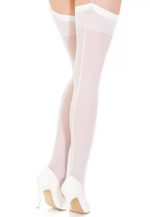 Sheer back seam thigh high white stockings. 1 pair