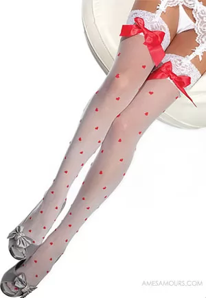 Sheer thigh high stockings with heart print, lace top and satin bow detail. 1 pair. White Red