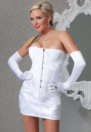 Brocade white corset with boning, front busk closure, lace up back, and trim detail. 1 piece