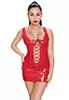 Lace up low cut red vinyl dress