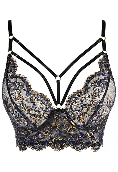 Blue and gold lace bustier bra