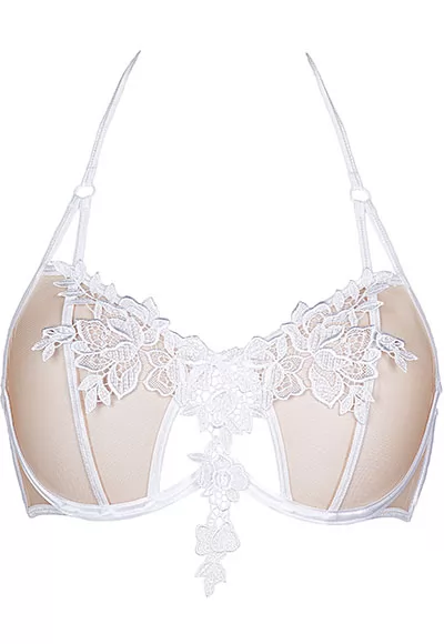Embroidered white bra and beige tulle