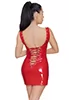 Lace up low cut red vinyl dress