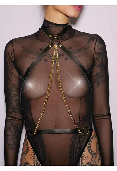 Black leather bust harness and two gold chains