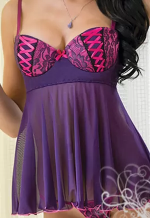 Pink and purple lace up Babydoll and thong